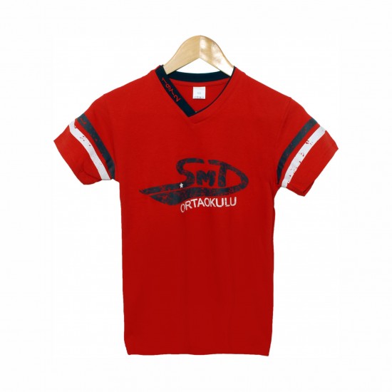 ŞEHİT MURAT DEMİRCİ ORTAOKULU V YAKA KIRMIZI KISA KOL BASİC T-SHİRT